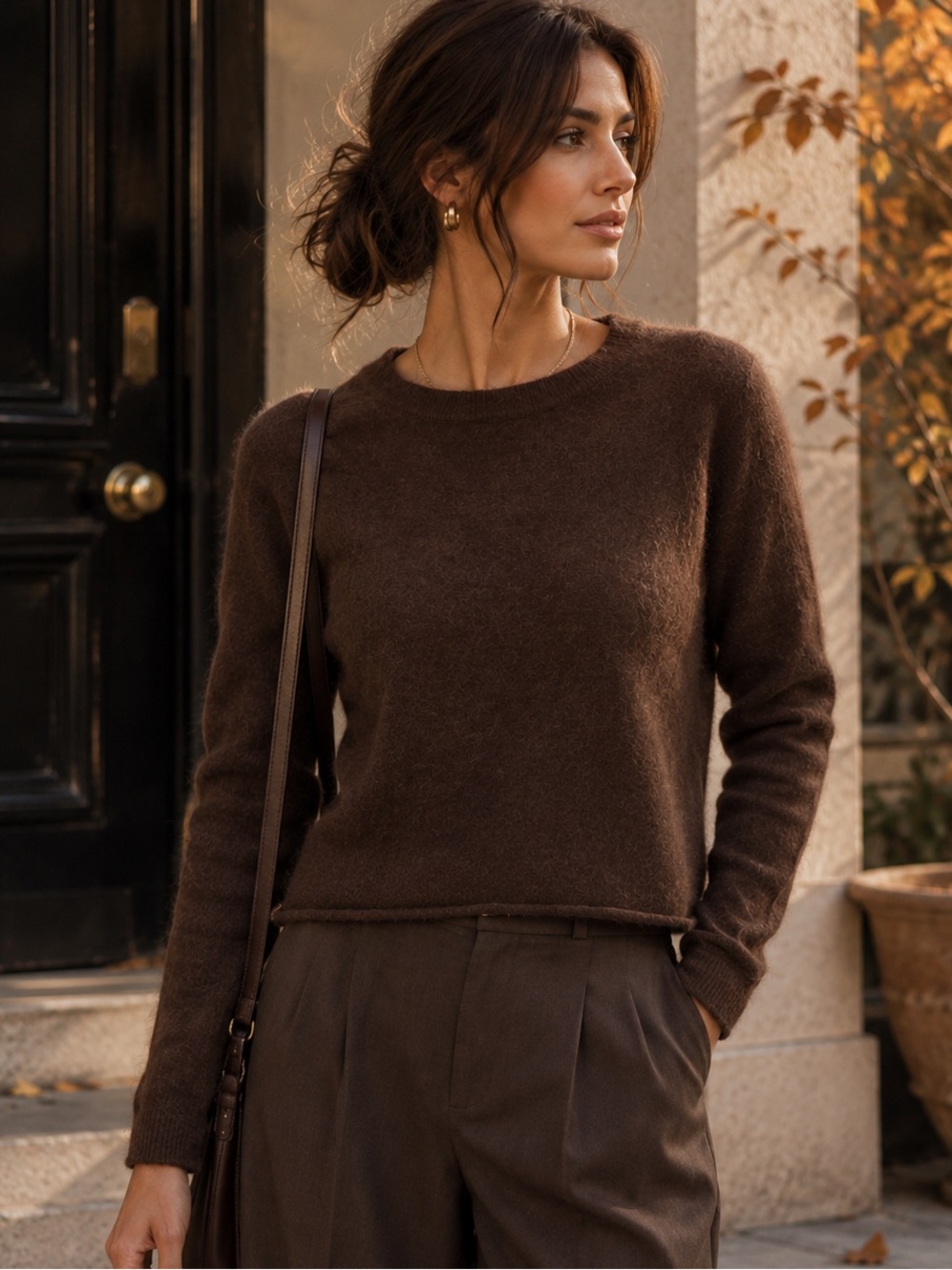 Reformation Cashmere Sweater M Chocolate Brown Cropped Rolled Hem Crewneck